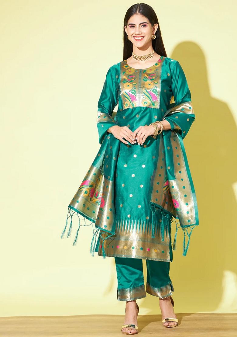 Rama Green Banarasi Woven Self Designed Pure Cotton Salwar Kameez With Dupatta