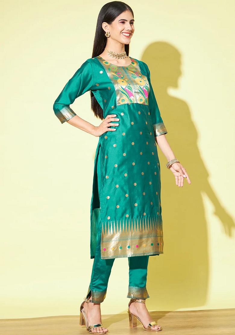 Rama Green Banarasi Woven Self Designed Pure Cotton Salwar Kameez With Dupatta