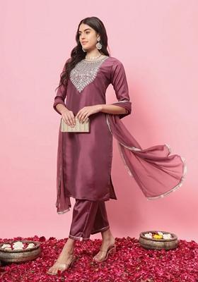 Magenta Embroidered Silk Blend Straight Kurta Set