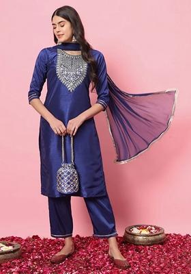 Royal Blue Embroidered Silk Blend Salwar Kameez With Dupatta