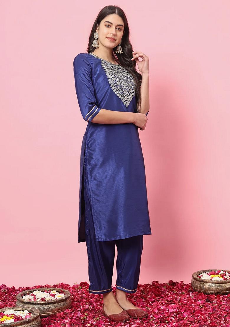 Royal Blue Embroidered Silk Blend Salwar Kameez With Dupatta