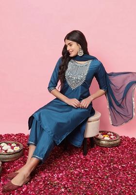 Teal Blue Embroidered Silk Blend Salwar Kameez With Dupatta