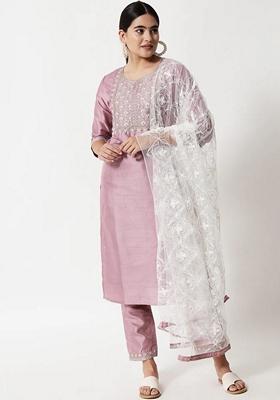 Lavender Embroidered Silk Blend Salwar Kameez With Dupatta