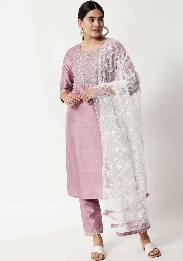 Lavender Embroidered Silk Blend Salwar Kameez With Dupatta - Indya