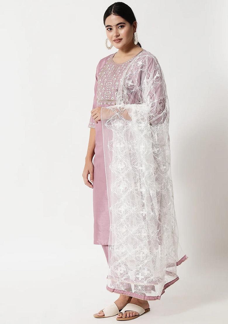 Lavender Embroidered Silk Blend Salwar Kameez With Dupatta