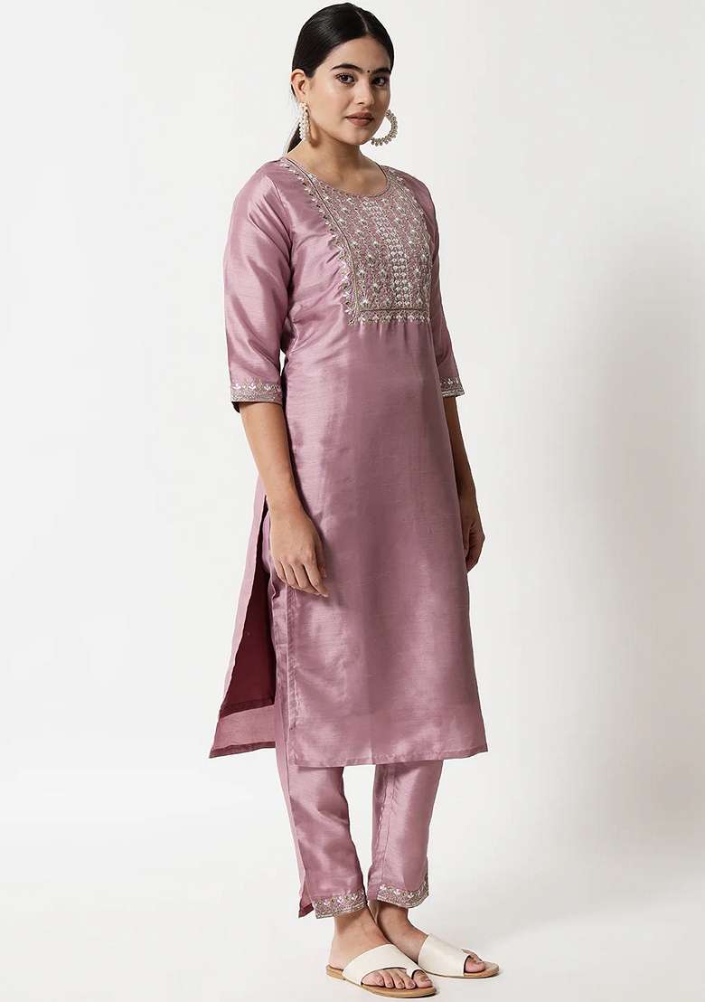 Lavender Embroidered Silk Blend Salwar Kameez With Dupatta - Indya