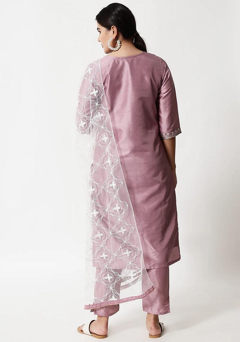 Lavender Embroidered Silk Blend Salwar Kameez With Dupatta
