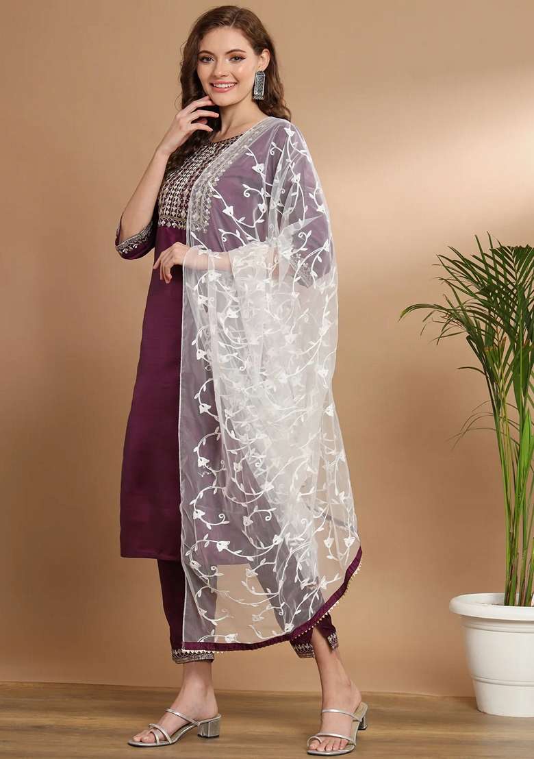 Purple Embroidered Silk Blend Salwar Kameez With Dupatta - Indya