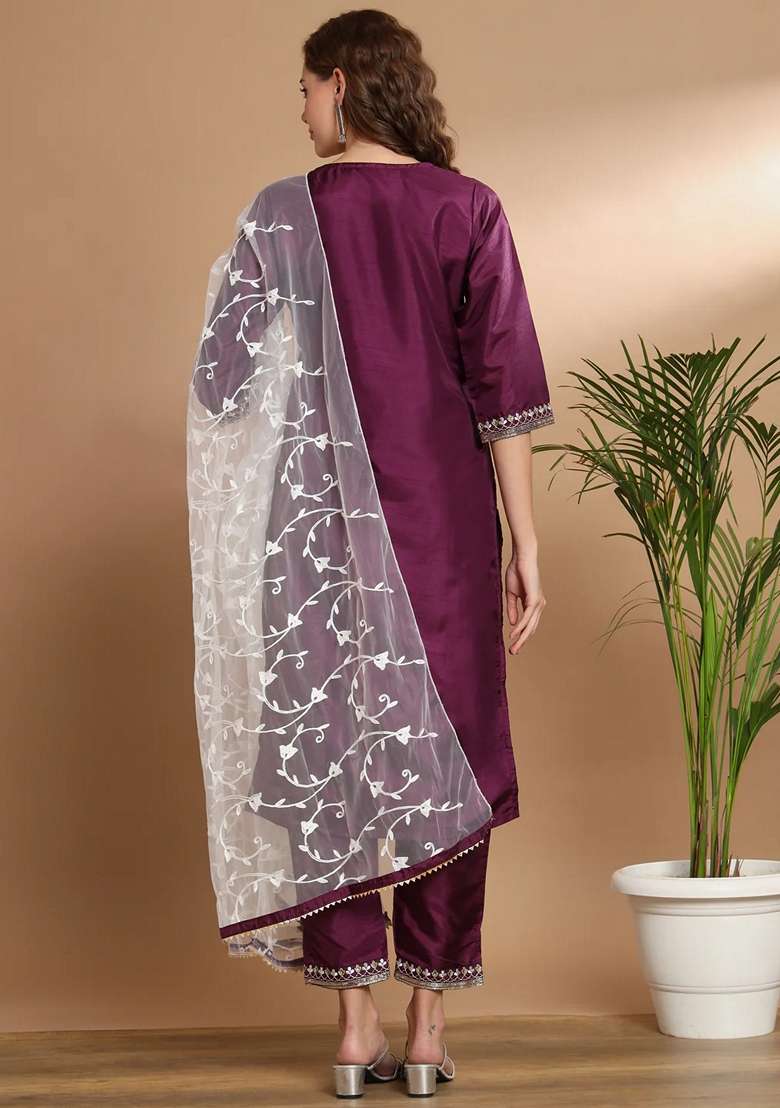 Purple Embroidered Silk Blend Salwar Kameez With Dupatta - Indya