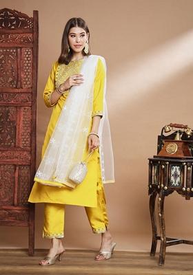 Yellow Embroidered Silk Blend Salwar Kameez With Dupatta