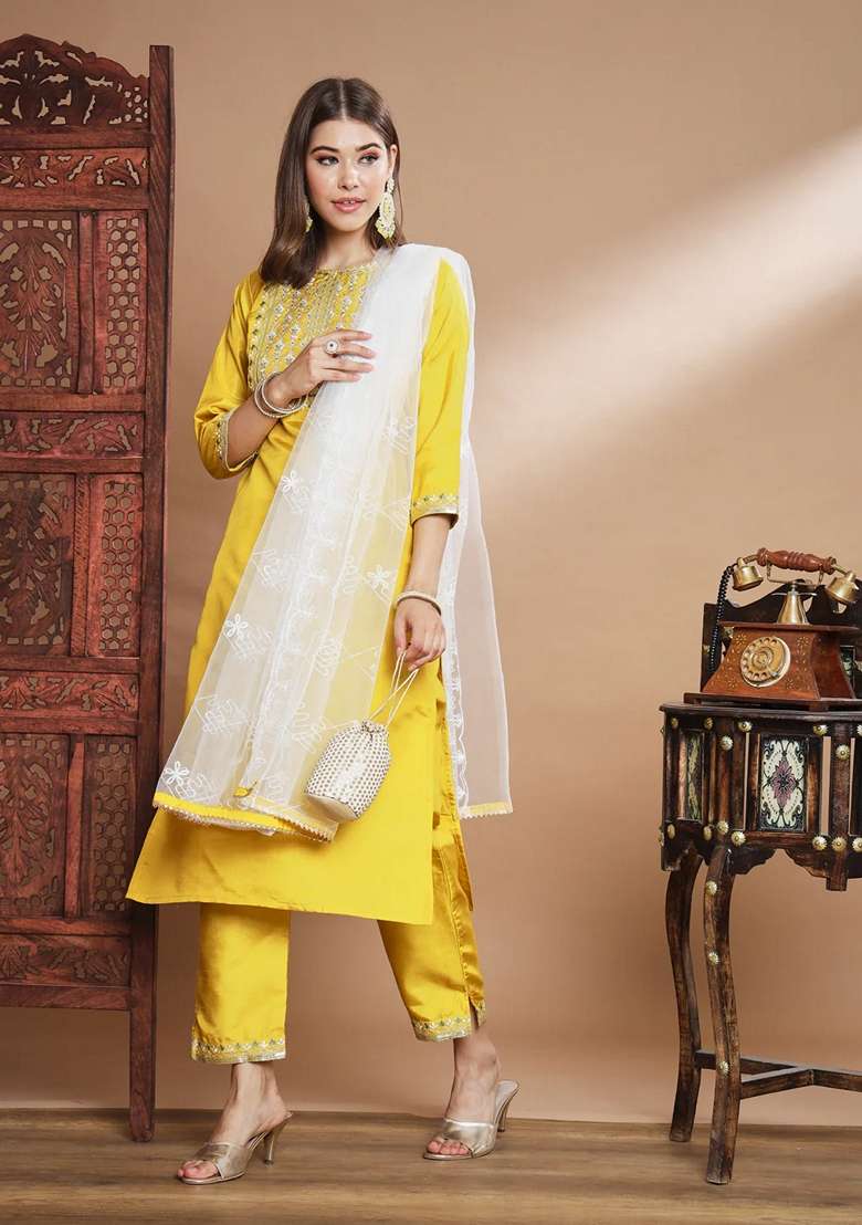 Yellow Embroidered Silk Blend Salwar Kameez With Dupatta - Indya