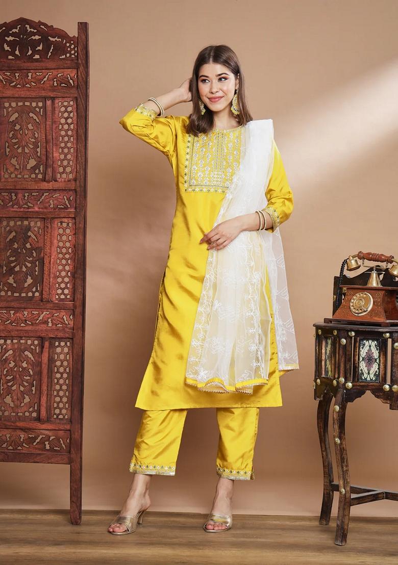 Yellow Embroidered Silk Blend Salwar Kameez With Dupatta