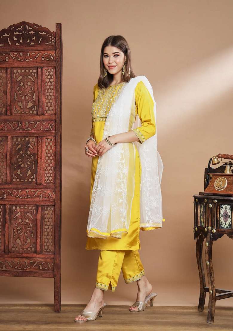 Yellow Embroidered Silk Blend Salwar Kameez With Dupatta - Indya