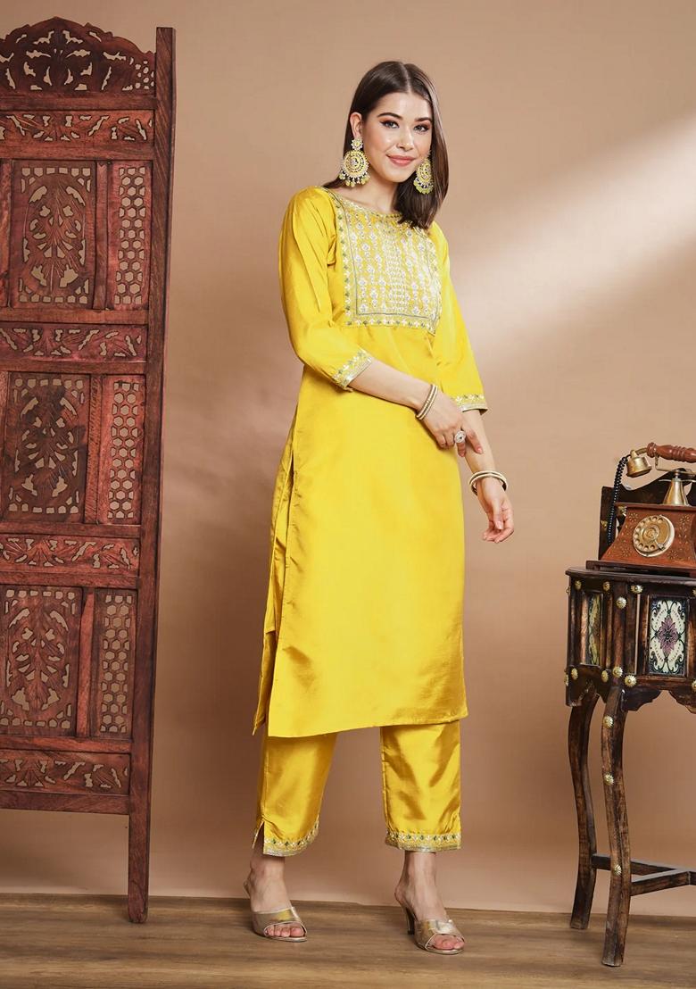 Yellow Embroidered Silk Blend Salwar Kameez With Dupatta