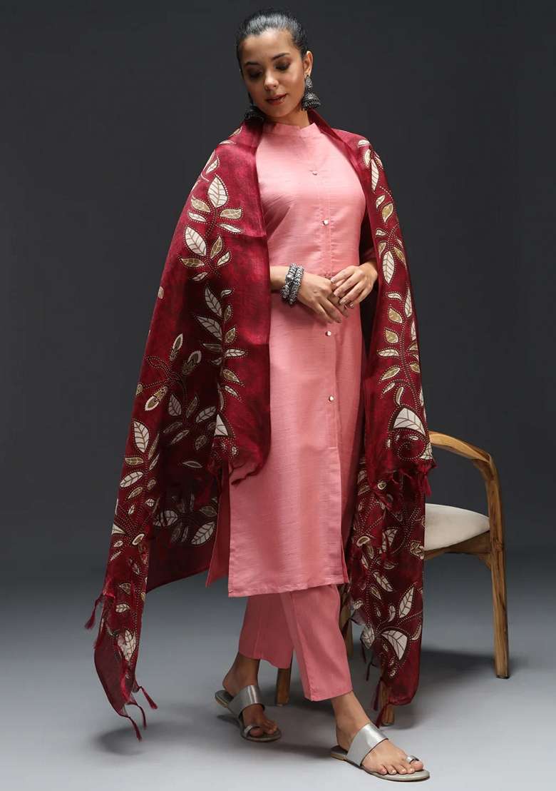 Pink Printed Art Silk Blend Salwar Kameez With Dupatta - Indya