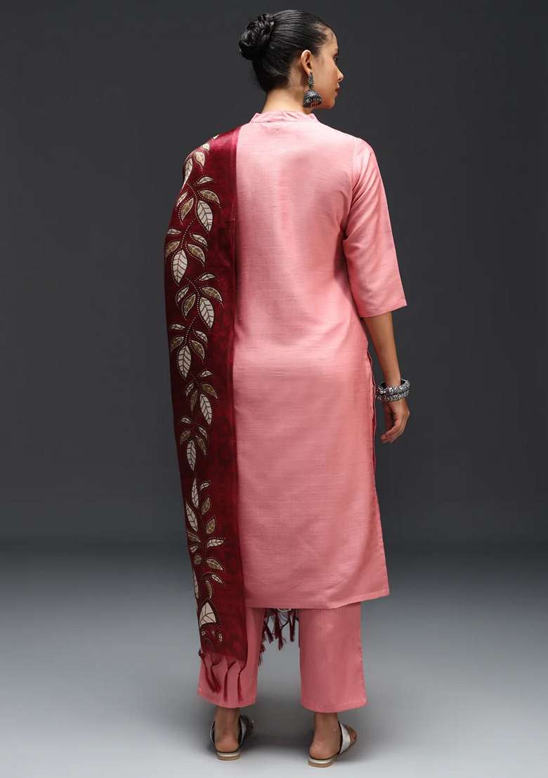 Pink Printed Art Silk Blend Salwar Kameez With Dupatta - Indya
