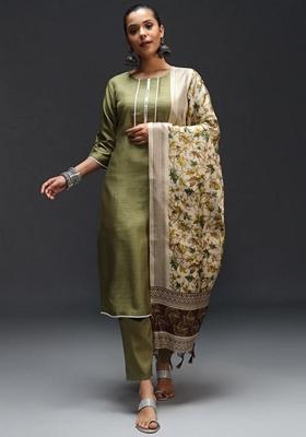 Mehendi Green Printed Art Silk Salwar Kameez With Dupatta