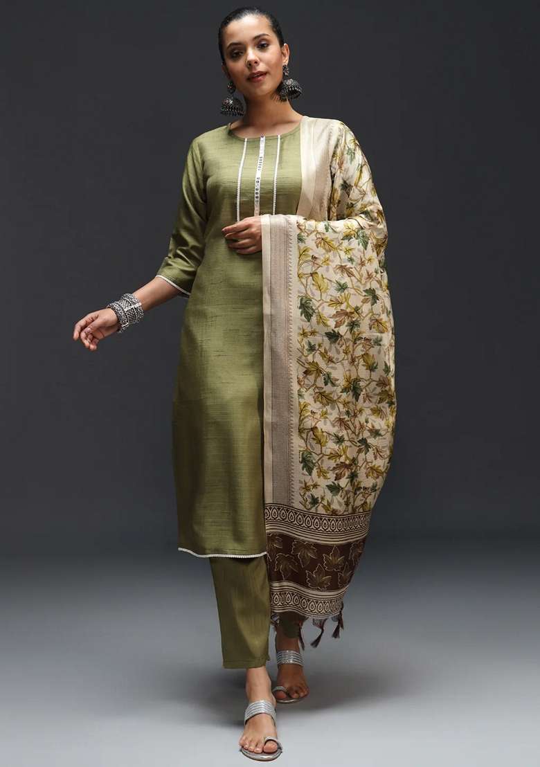 Mehendi Green Printed Art Silk Blend Salwar Kameez With Dupatta - Indya