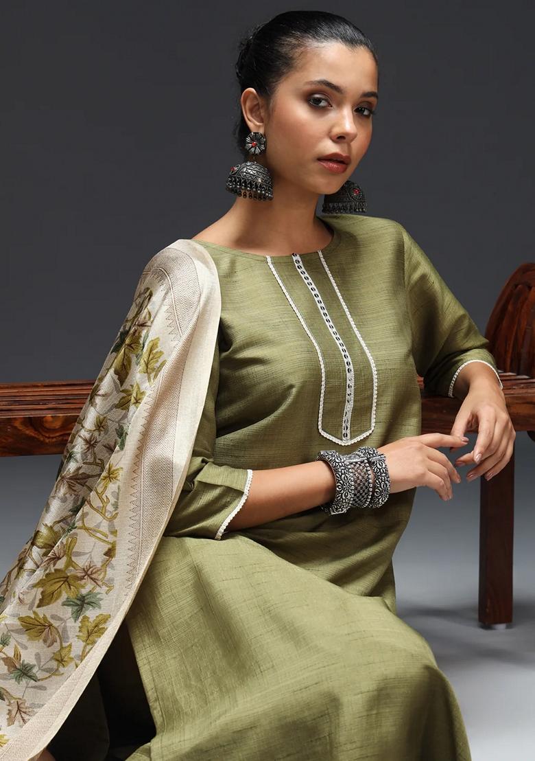 Mehendi Green Printed Art Silk Salwar Kameez With Dupatta