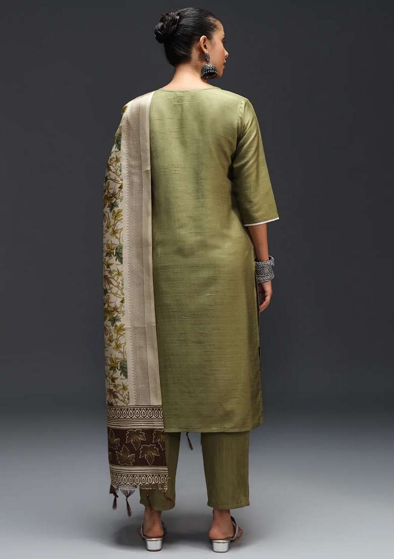Mehendi Green Printed Art Silk Blend Salwar Kameez With Dupatta - Indya
