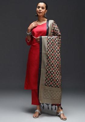 Red Printed Art Silk Salwar Kameez With Dupatta