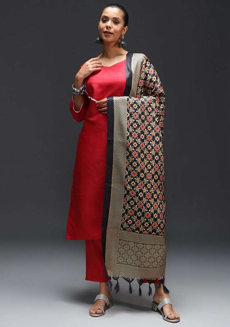 Red Printed Art Silk Blend Salwar Kameez With Dupatta - Indya