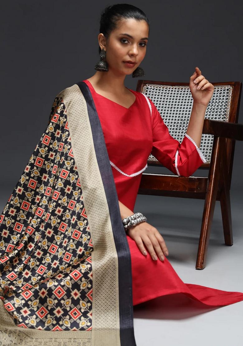 Red Printed Art Silk Salwar Kameez With Dupatta