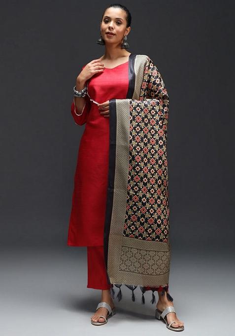Red Printed Art Silk Salwar Kameez With Dupatta