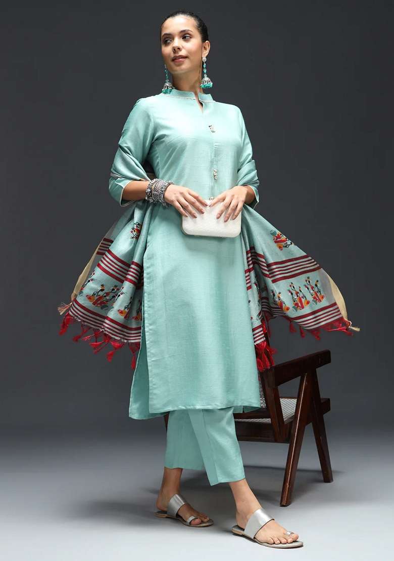 Sky Blue Printed Art Silk Blend Salwar Kameez With Dupatta - Indya