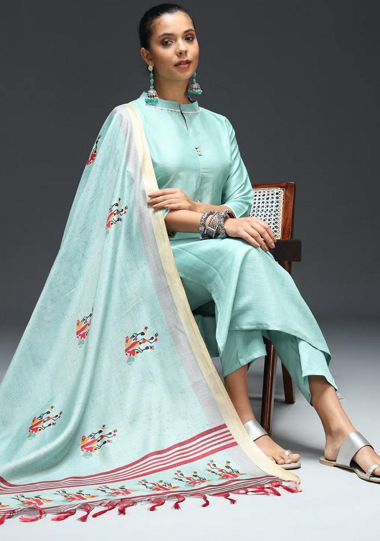 Sky Blue Printed Art Silk Salwar Kameez With Dupatta