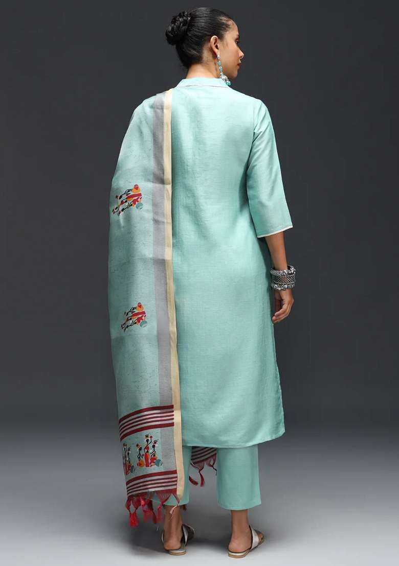 Sky Blue Printed Art Silk Blend Salwar Kameez With Dupatta - Indya