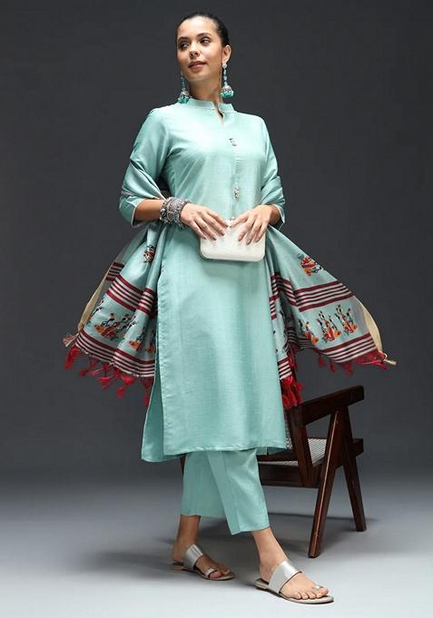 Sky Blue Printed Art Silk Salwar Kameez With Dupatta