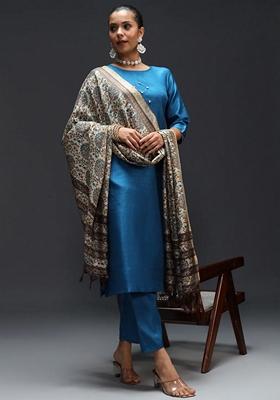 Teal Blue Printed Art Silk Salwar Kameez With Dupatta
