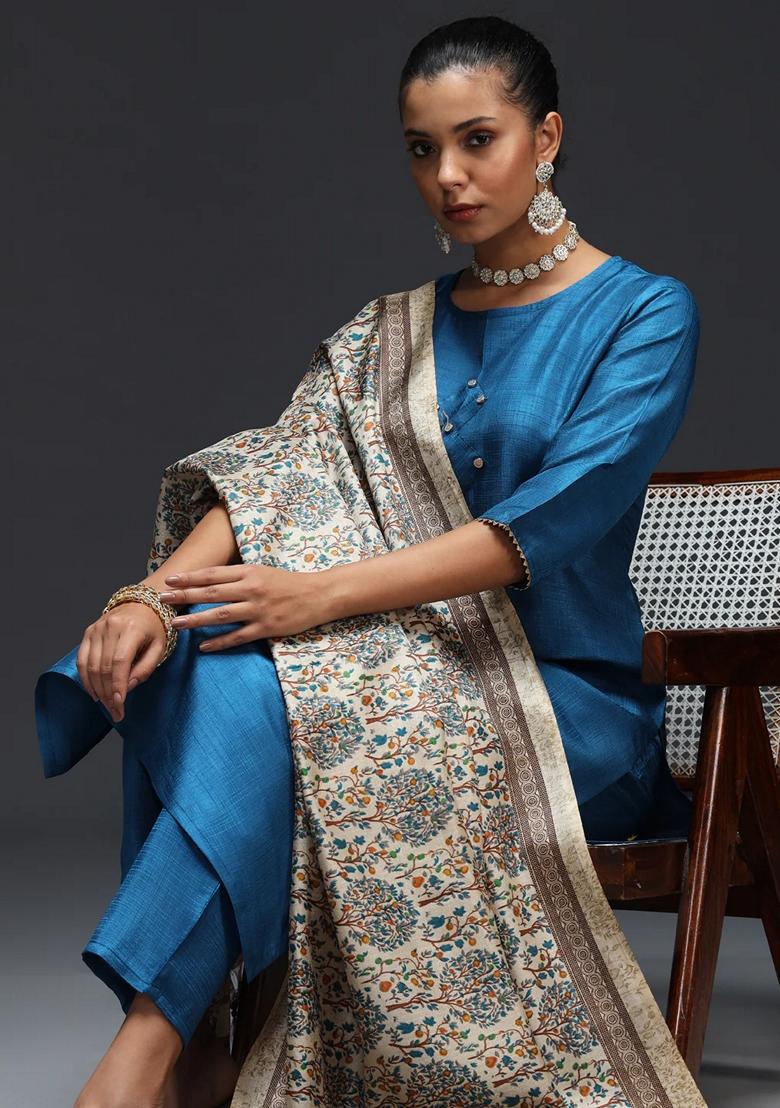 Teal Blue Printed Art Silk Salwar Kameez With Dupatta