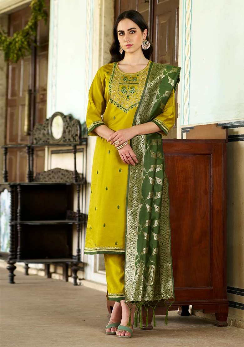 Lemon Yellow Embroidered Viscose Straight Kurta Set - Indya
