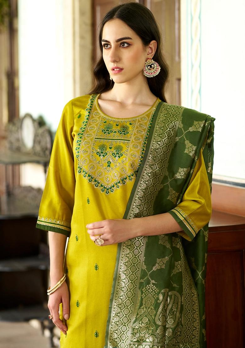 Lemon Yellow Embroidered Viscose Rayon Salwar Kameez With Dupatta