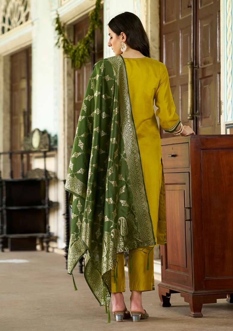 Lemon Yellow Embroidered Viscose Straight Kurta Set - Indya