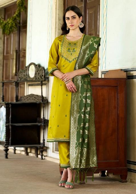 Lemon Yellow Embroidered Viscose Straight Kurta Set