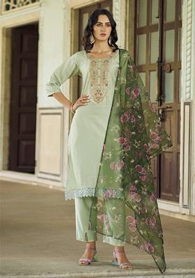 Pista Green Embroidered Viscose Rayon Salwar Kameez With Dupatta