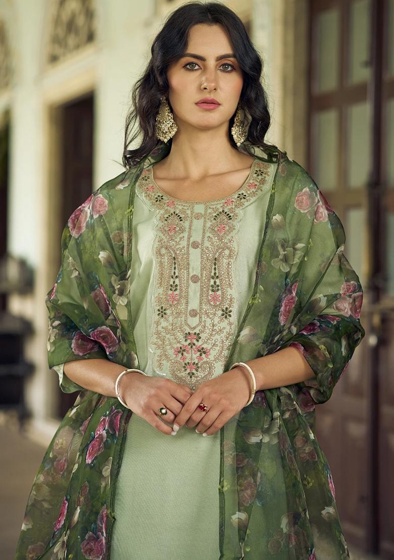 Pista Green Embroidered Viscose Rayon Salwar Kameez With Dupatta