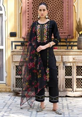 Black Embroidered Viscose Rayon Salwar Kameez With Dupatta