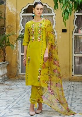 Lemon Yellow Embroidered Viscose Rayon Salwar Kameez With Dupatta