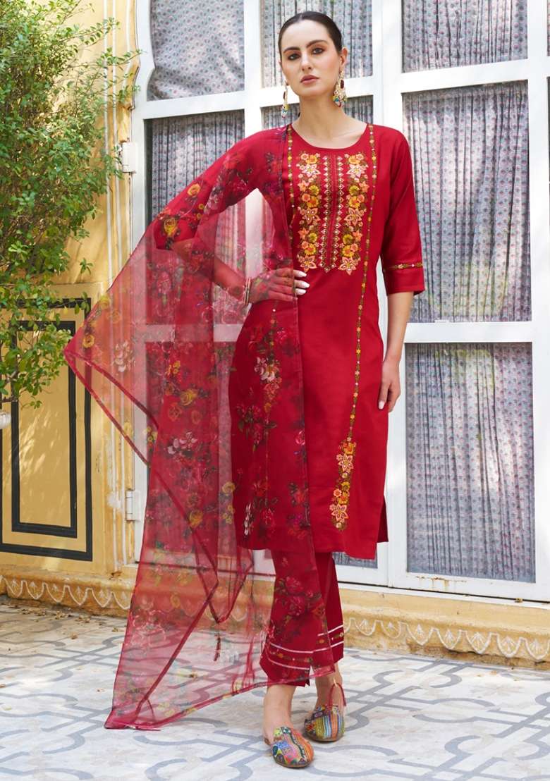 Maroon Embroidered Viscose Straight Kurta Set - Indya