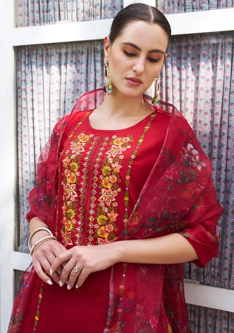 Maroon Embroidered Viscose Rayon Salwar Kameez With Dupatta