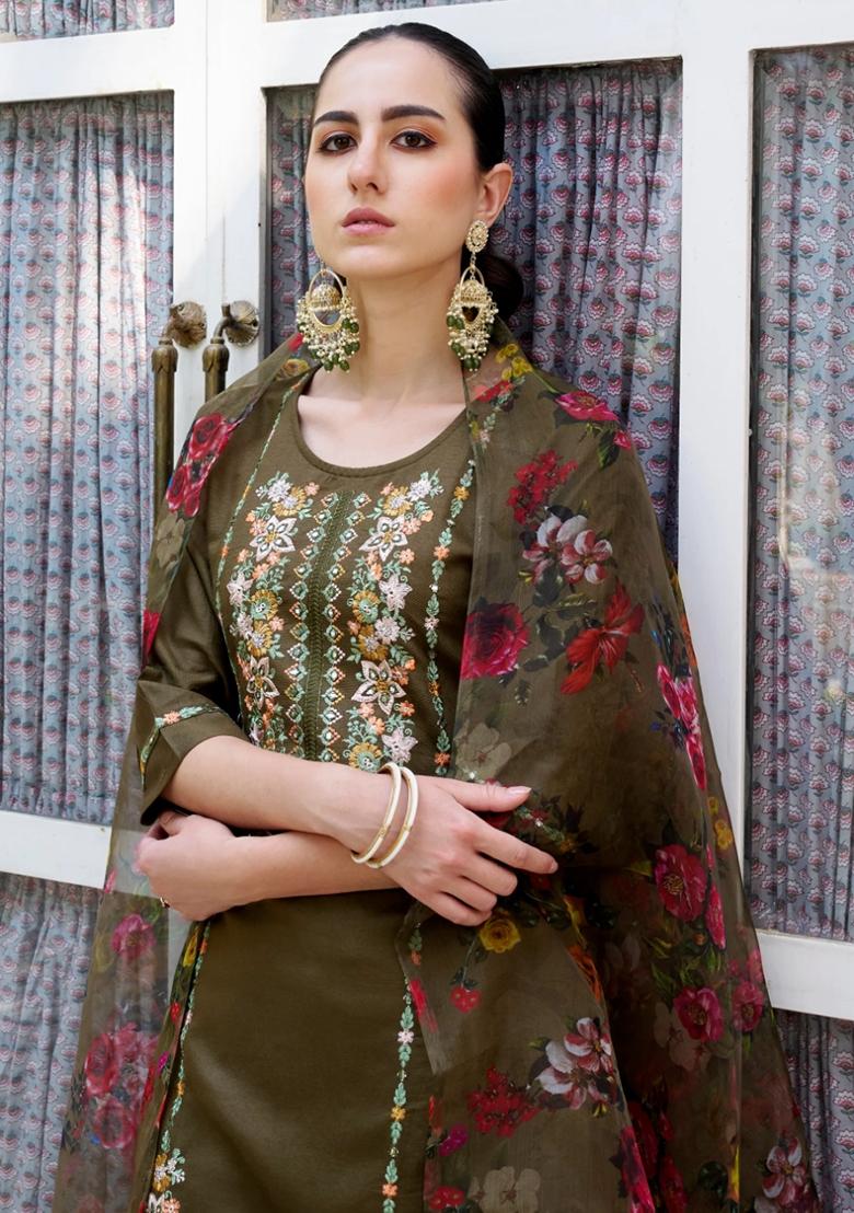 Mehendi Green Embroidered Viscose Rayon Salwar Kameez With Dupatta