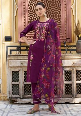 Purple Embroidered Viscose Rayon Salwar Kameez With Dupatta