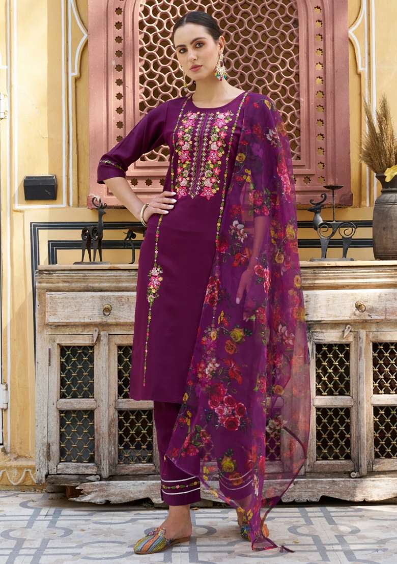 Purple Embroidered Viscose Straight Kurta Set - Indya