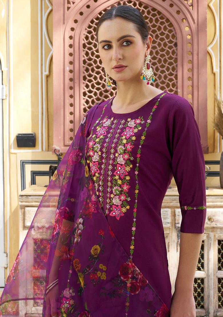 Purple Embroidered Viscose Rayon Salwar Kameez With Dupatta