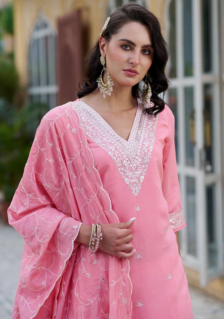 Pink Embroidered Chanderi Straight Kurta Set - Indya