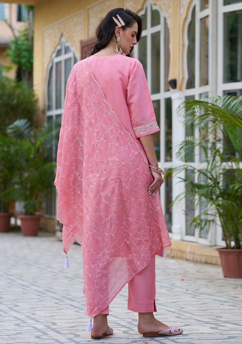 Pink Embroidered Chanderi Salwar Kameez With Dupatta